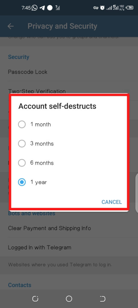 delete a telegram account