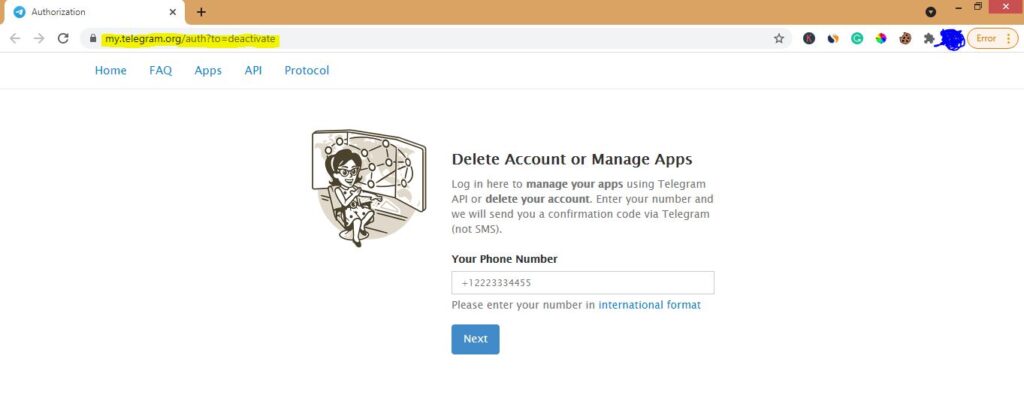 Telegram account deactivation page